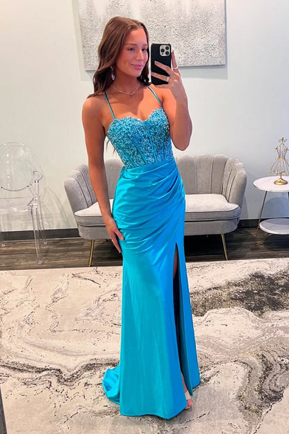 Blue Mermaid Straps Satin Slit Prom Dress with Appliques, PD25568
