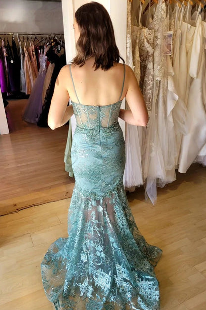 Aqua Spaghetti Straps Mermaid Sequined Long Prom Dress with Slit, PD25709