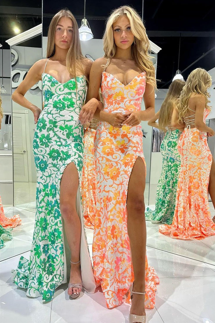 Green V Neck Mermaid Sequins Lace Long Prom Dress with Slit, PD25790
