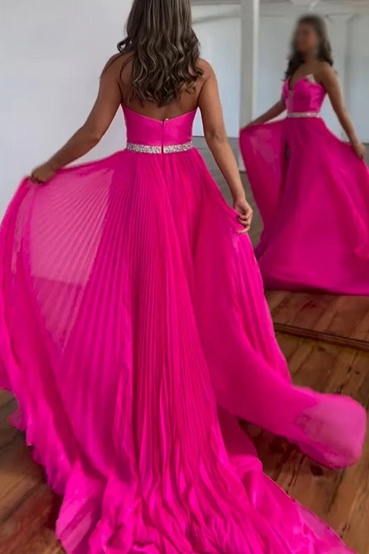 Sparkly Hot Pink Chiffon Pleated Long Prom Dress with Slit, PD25650