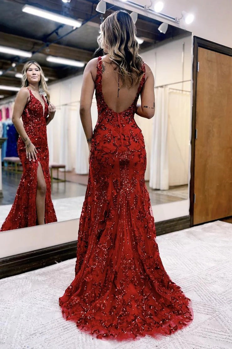 Royal Blue Sequin Mermaid V Neck Long Prom Dress with Slit, PD25490