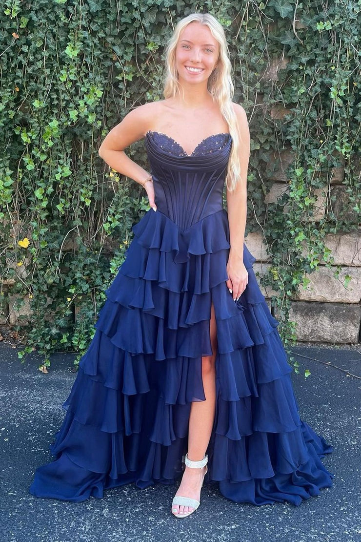 Sweetheart Navy Tiered Chiffon A Line Prom Dresses, PD25001