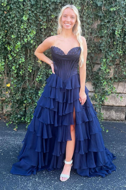 Sweetheart Navy Tiered Chiffon A Line Prom Dresses, PD25001