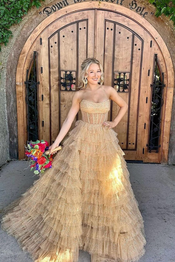 Strapless Ball Gown Gold Tiered Tulle Long Prom Dress, PD25102 - US0 / Pic Color Strapless Ball Gown Gold Tiered Tulle Long Prom Dress, PD25102 - US0 / Pic Color