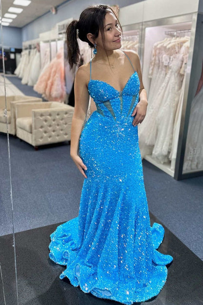 Blue Sequin Mermaid Long Lace - up Prom Dress, PD25670