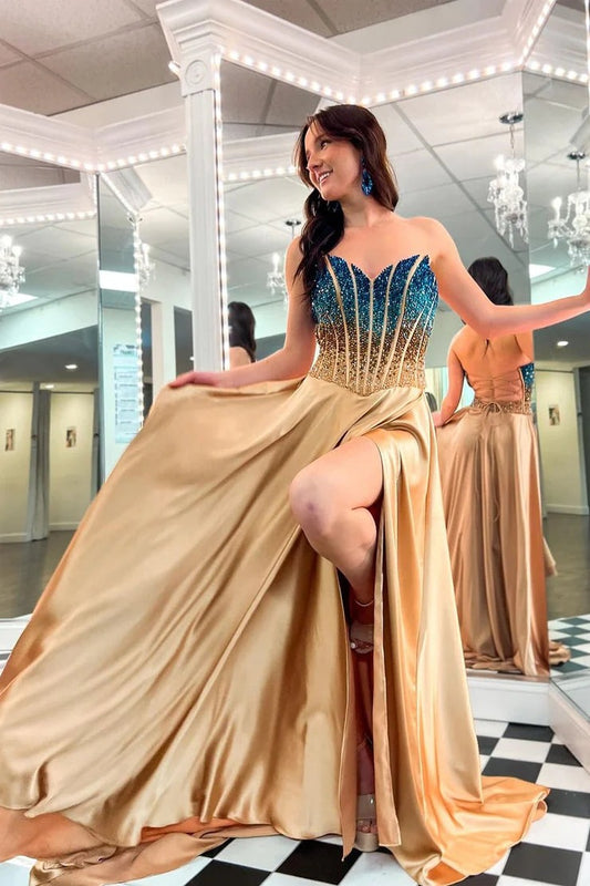 Gold A-Line Strapless Long Prom Dresses with Beadings, PD25480