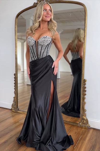Fuchsia Sweetheart Mermaid Long Satin Prom Dress with Beadings and Slit, PD25806