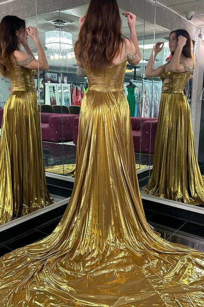 Gold Cold Shoulder Satin Pleated Long Prom Dresses with Slit, PD25225