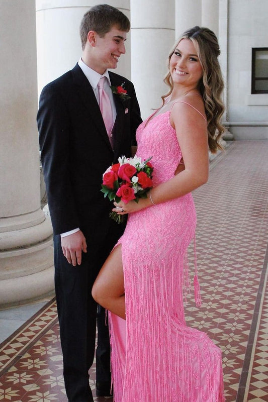 Pink Sequins V Neck Mermaid Long Prom Dresses with Fringes, PD25351