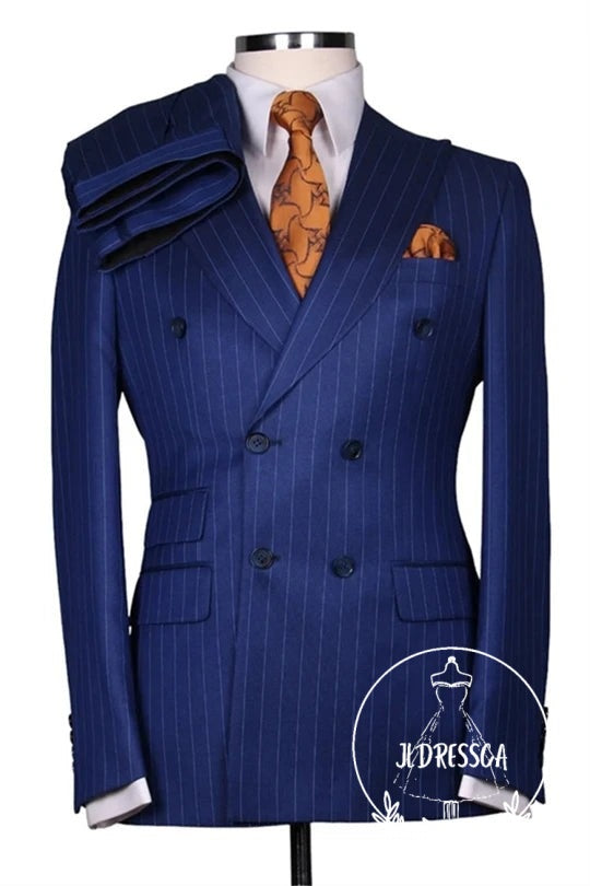 Blue Striped Close Fitting Double Breasted Men Suits, SU25171