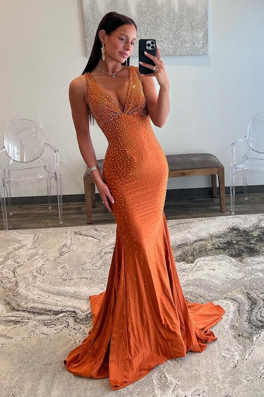 Orange Mermaid V Neck Beaded Long Prom Dresses, PD25581