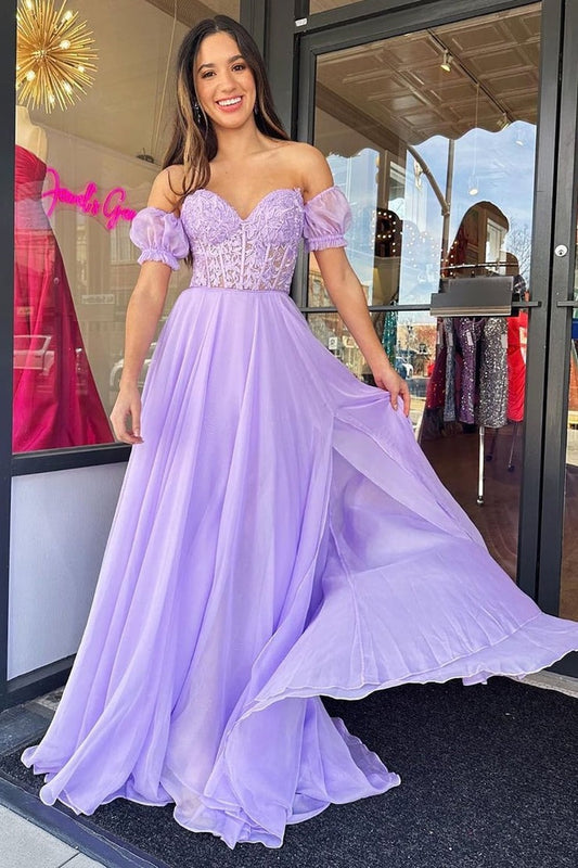 Purple A Line Sweetheart Corset Prom Dress with Appliques, PD25611
