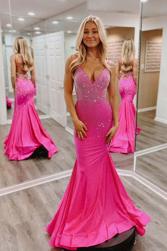 Hot Pink V Neck Beaded Satin Mermaid Long Prom Dresses, PD25711