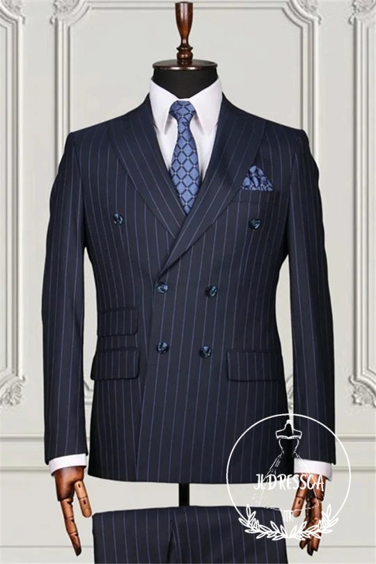 Dark Blue Double Breasted Striped Bespoke Men Suits For Business, SU25131