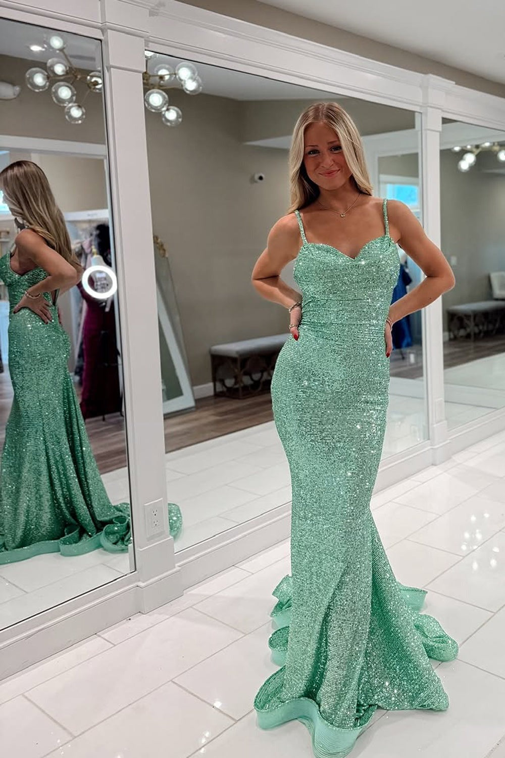 Mint Green Sweetheart Mermaid Sequins Long Prom Dress, PD25791
