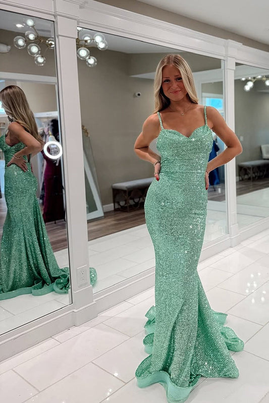 Mint Green Sweetheart Mermaid Sequins Long Prom Dress, PD25791