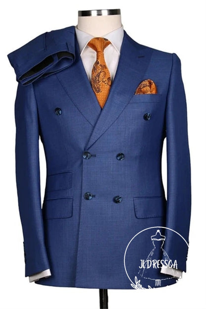 Blue Peaked Lapel Double Breasted Business Men Suits, SU25151