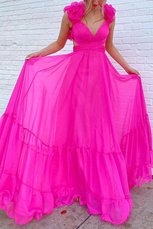 Fuchsia A Line V Neck Long Prom Dress with 3D Flowers, PD25671
