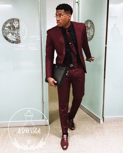 Fashion Burgundy Mens Suits Business Suits Slim Fit One Button Prom Outfits (Blazer Pants), SU25002