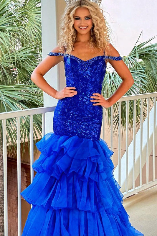 Royal Blue Mermaid Off the Shoulder Sequins Long Prom Dresses, PD25601