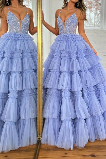 Lilac Sparkly Corset Beaded Tiered Long Prom Dress with Slit, PD25631