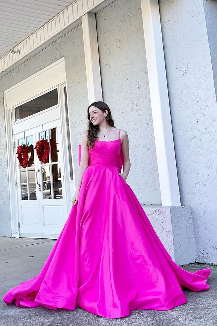 Fuchsia Satin A-Line Scoop Neck Long Prom Dress | JLDressCA