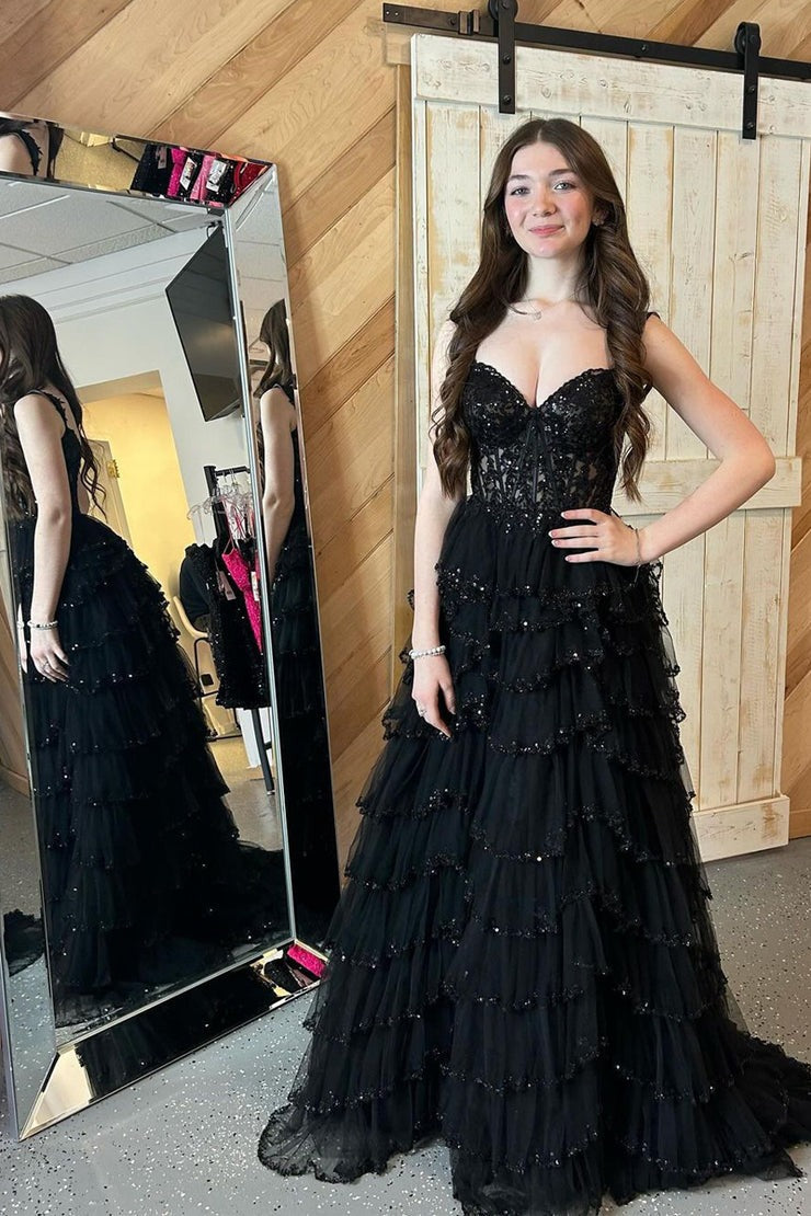 Black Sweetheart A - Line Long Tulle Prom Dress with Appliques, PD25561