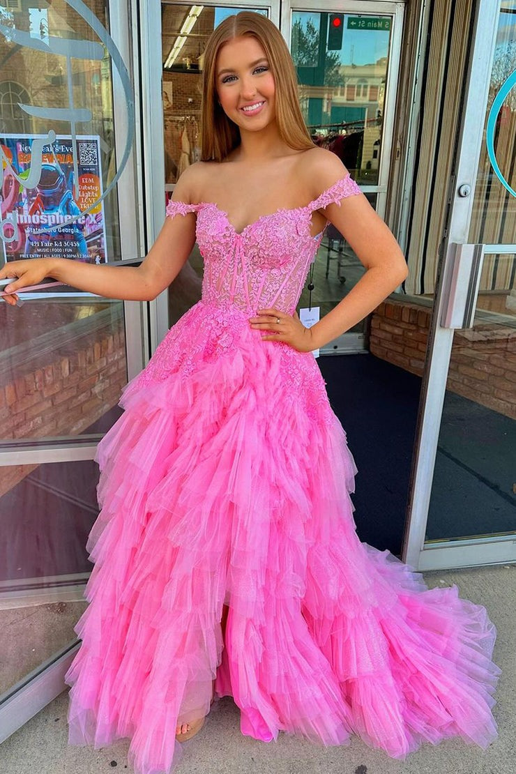 Pink Off - the - Shoulder Tulle Ruffle Long Prom Dresses, PD25541