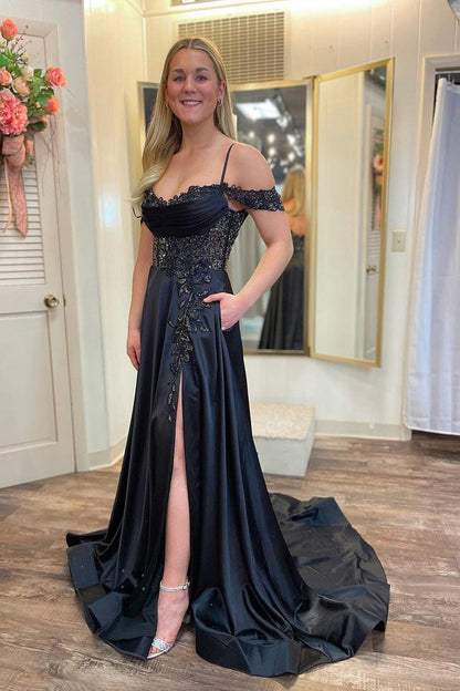 Black Satin Cold Shoulder Long Prom Dresses with Pockets, PD25511