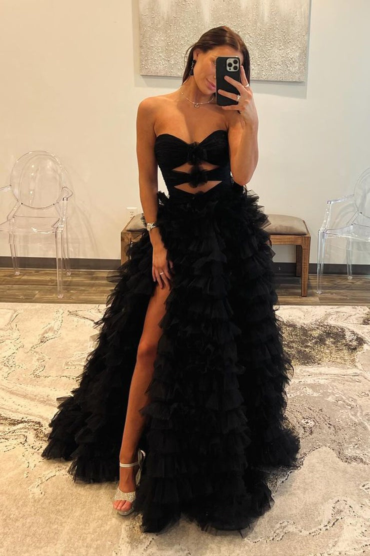 Black Tulle Tiered Ruffle Sweetheart Long Prom Dress with Slit, PD25371