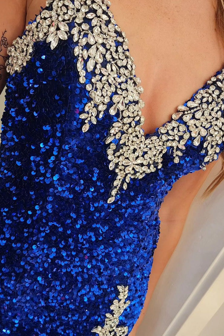 Mermaid Strapless Royal Blue Sequins Long Prom Dress with Beading, PD25329