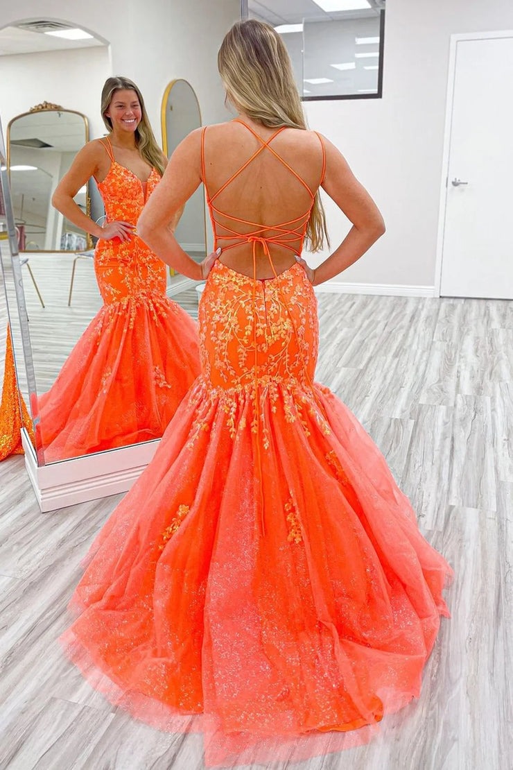 Orange Mermaid Spaghetti Straps Trendy Long Prom Dress with Appliques, PD25630