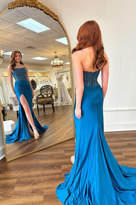 Scoop Neck Mermaid Satin Prom Dresses with Beading, PD25057