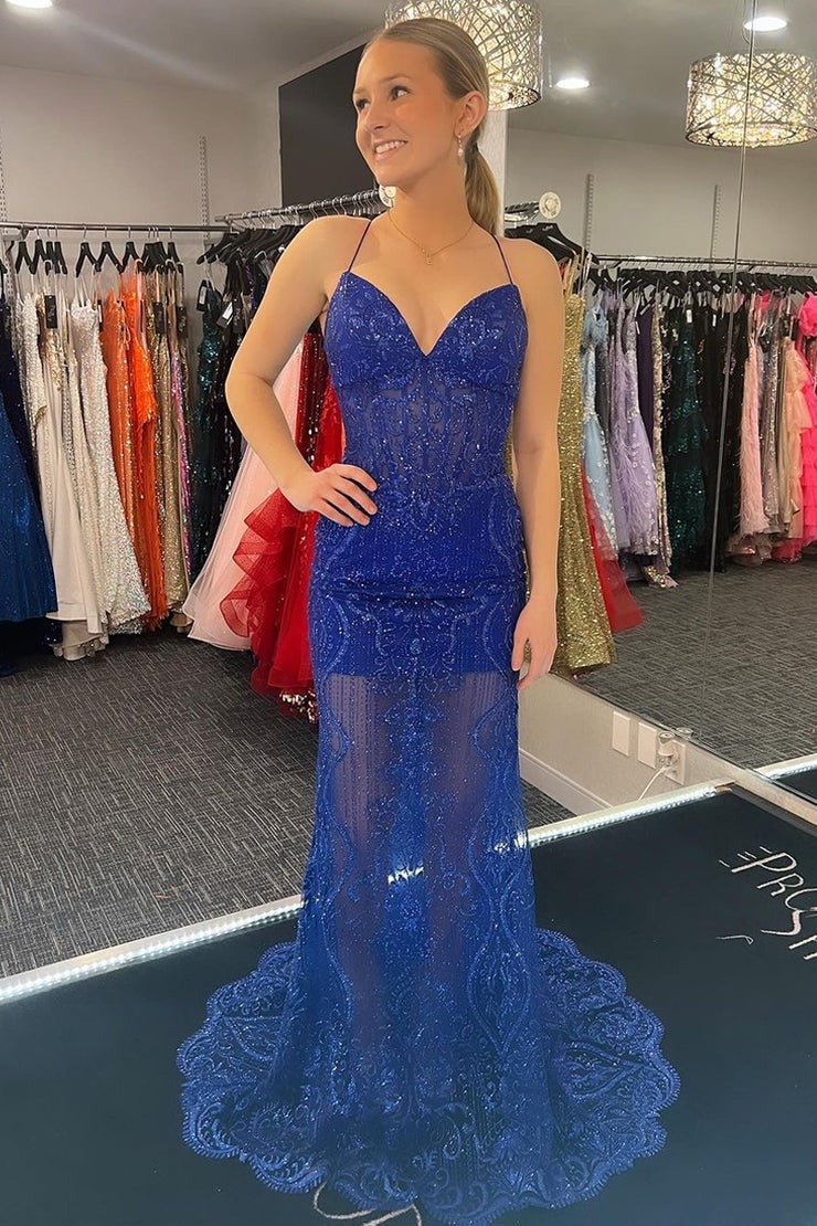 Royal Blue Sequins Lace Mermaid V Neck Long Prom Dress, PD25295