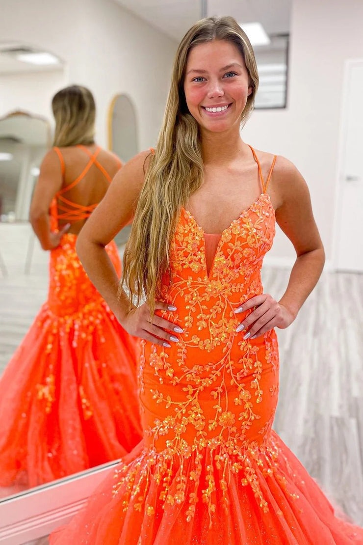 Orange Mermaid Spaghetti Straps Trendy Long Prom Dress with Appliques, PD25630