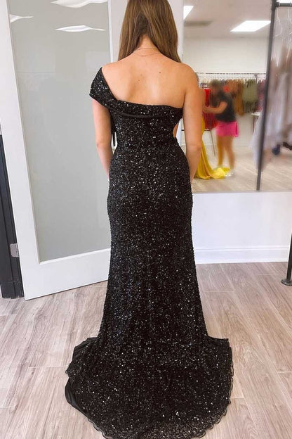 Black One Shoulder Sequined Cap Sleeve Long Party Dress, PD25679