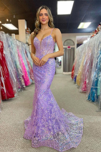 Lilac V Neck Sequins Appliques Mermaid Long Prom Dress, PD25229