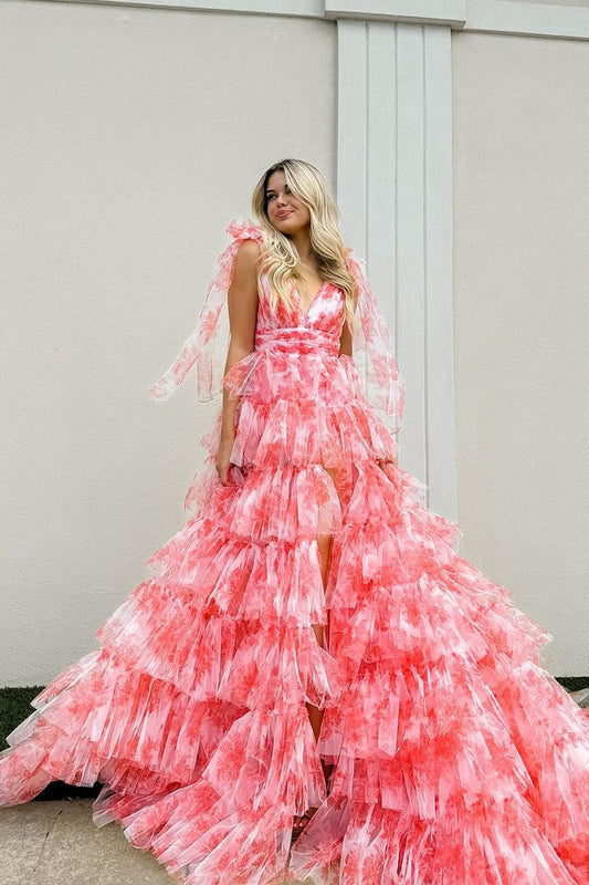 V Neck Ball Gown Floral Printed Tiered Coral Tulle Long Prom Dress with Slit, PD25124