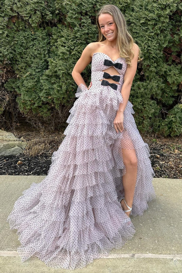 Sweetheart A-Line Tiered Prom Dress with Slit | Light Pink Dot Dress - JLDressCA Sweetheart A-Line Tiered Prom Dress with Slit | Light Pink Dot Dress - JLDressCA