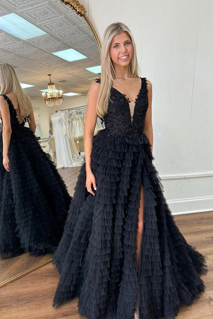 V Neck A-Line Ruffle Tiered Tulle Long Prom Dress with Slit, PD25196
