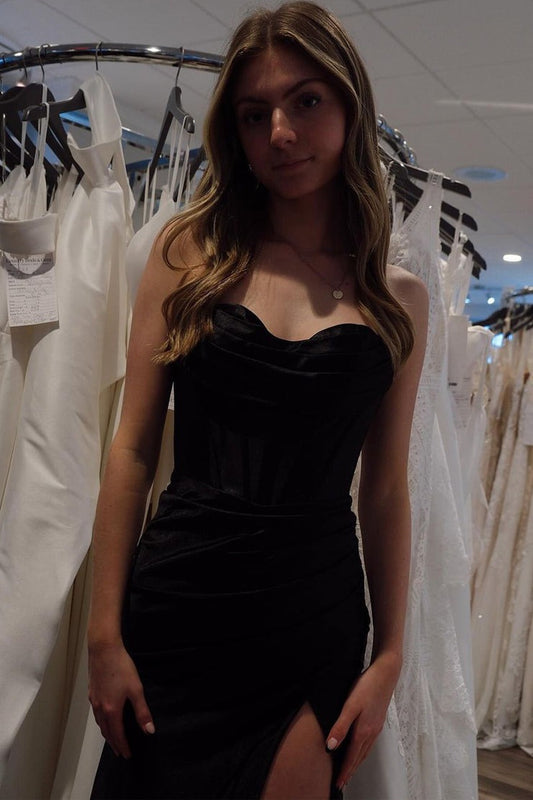 Black Cowl Neck Satin Mermaid Long Prom Dress, PD25328