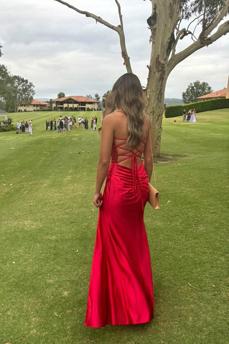 Red Mermaid Cowl Neck Prom Dresses with Slit, PD25262