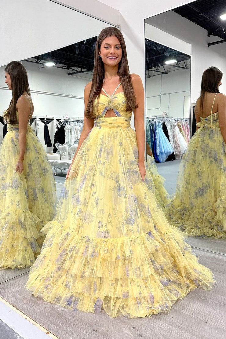 Elegant Halter A-Line Floral Printed Tulle Long Prom Dresses