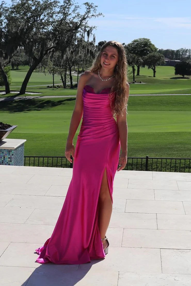Hot Pink Silk Satin Chic Sheath Strapless Prom Dress, PD25402