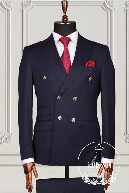 Navy Blue Double Breasted Peaked Lapel Men Suits, SU25074