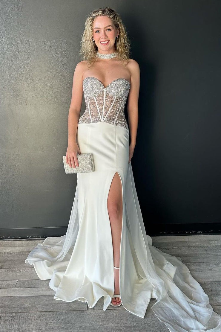 White Beaded Mermaid Sweetheart Long Prom Dress, PD25432