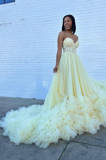 Yellow A - Line Sweetheart Ruffle Tulle Long Prom Dresses, PD25532