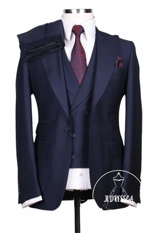 Navy Blue Peaked Lapel Three Pieces Prom Men Suits, SU25174