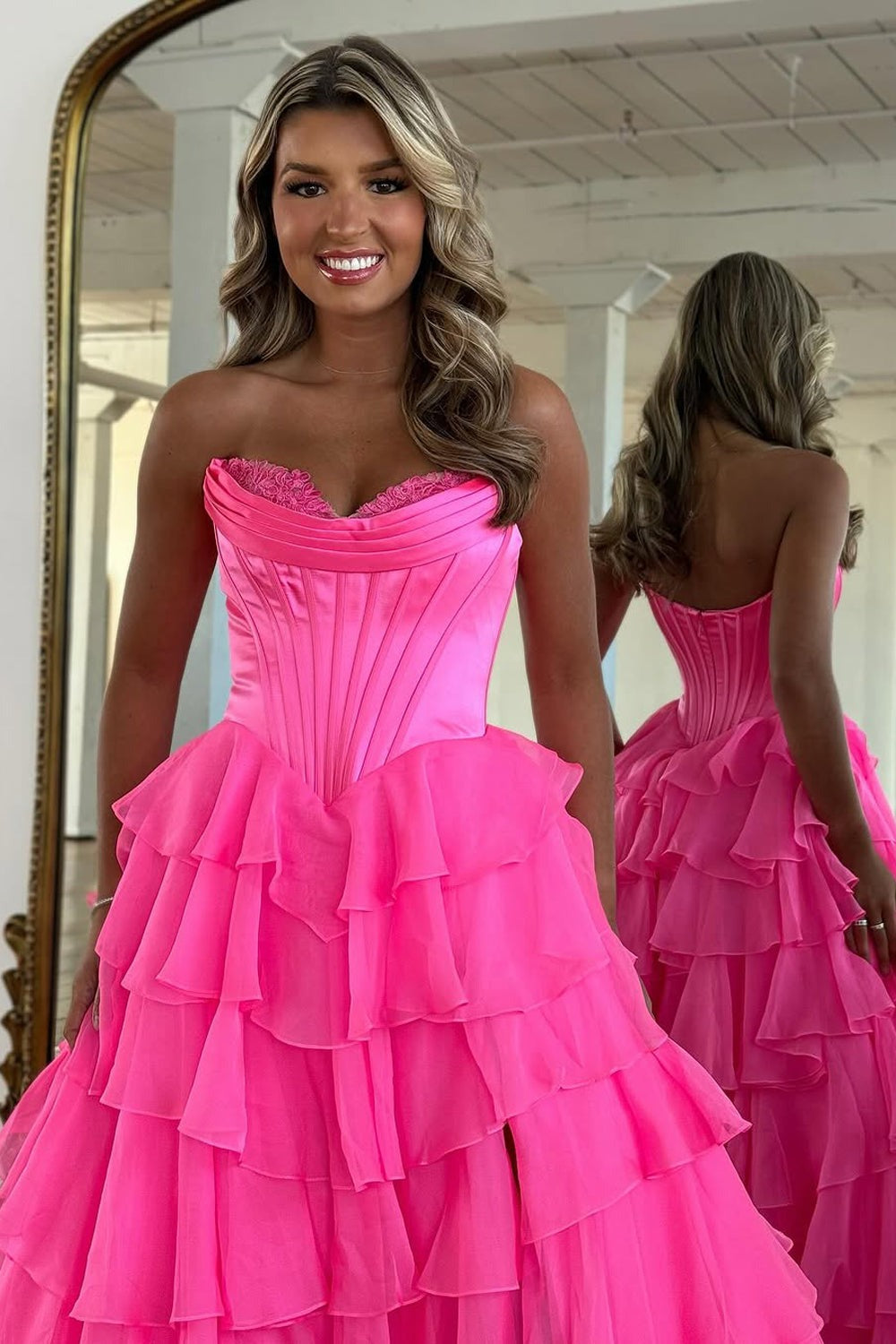 Lilac Strapless A - Line Ruffle Tiered Long Prom Dress with Slit, PD25811
