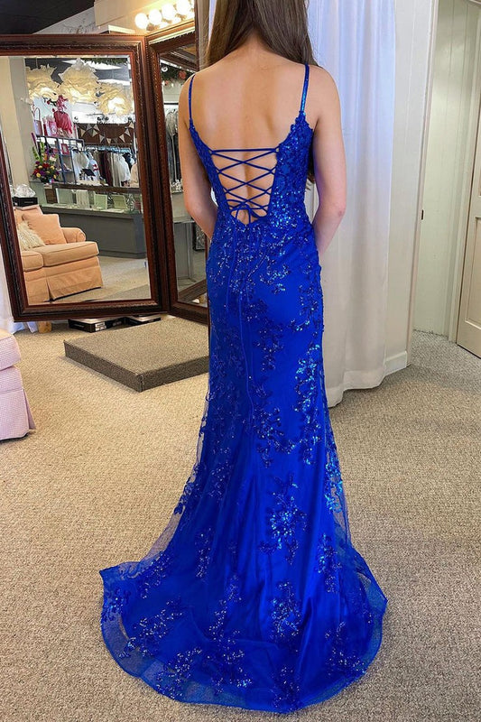 Royal Blue Sequins Lace Mermaid Spaghetti Straps Prom Dress, PD25492